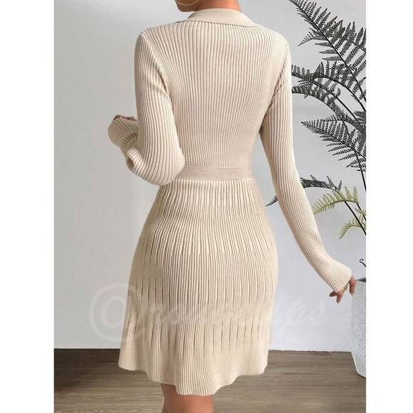 Beige Rib Knit Ruffle Hem V-Neck Mini Dress Collared Long Sleeve Stretchy - Picture 6 of 8